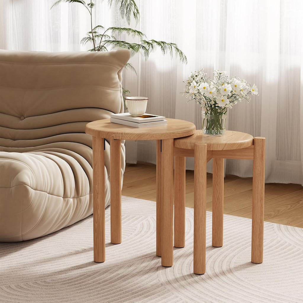 Stackable Stools Set of 4, 100% Solid Wood Stool No Installation Required, Side Table Multifunctional Space Saving 18 Inch Round Stool Modular Interlocking Coffe Table for Living Room