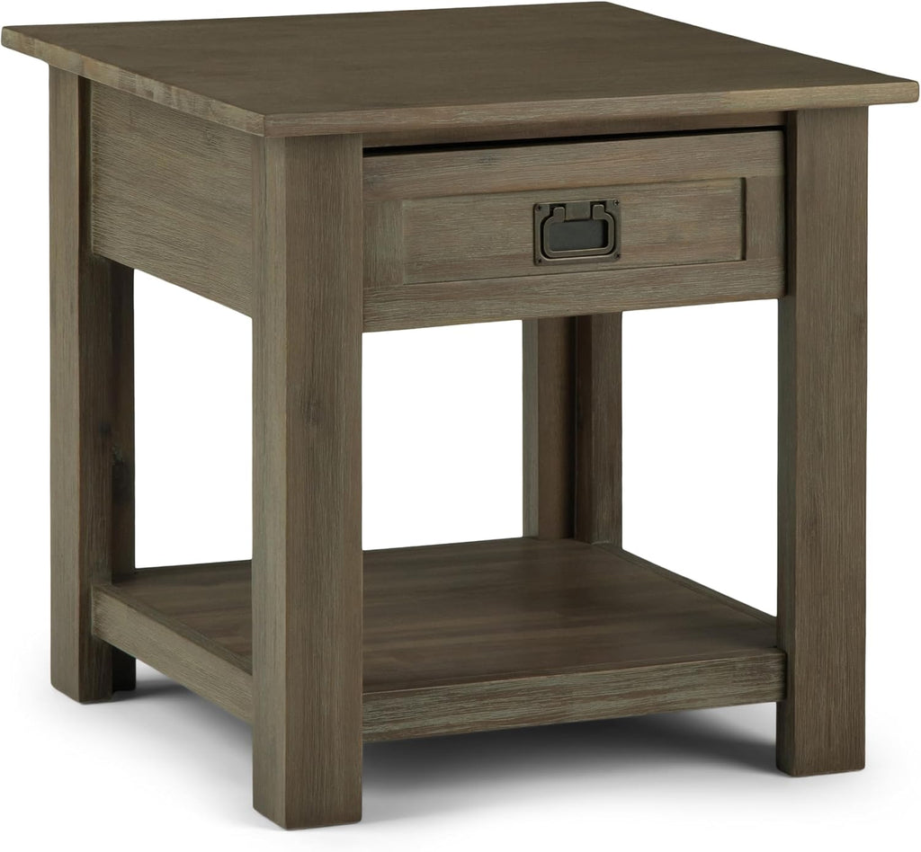SIMPLIHOME Monroe End Table - 22 inch Wide Solid Acacia Wood Side Table in Distressed Grey, Rustic Contemporary Accent Table for Living Room or Bedroom with Drawer and Shelf