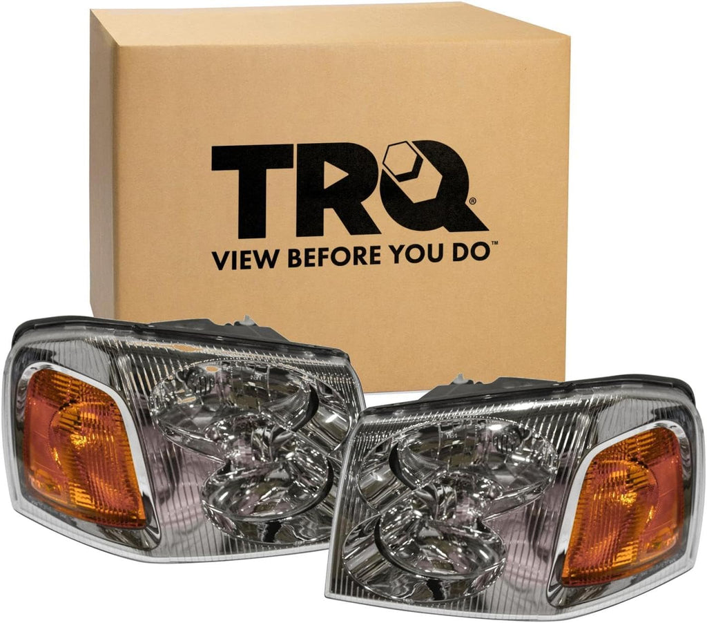 TRQ Driver and Passenger Side Headlight Assembly Set Chrome Housing Compatible with 2002–2009 GMC Envoy 2002–2006 GMC Envoy XL 2004–2005 GMC Envoy XUV
