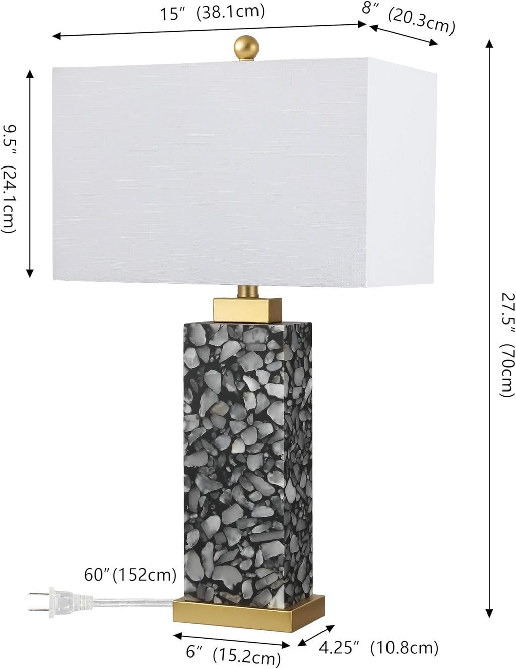 JONATHAN Y 27.5' Black Alabaster Gold Rectangular Table Lamp with Night Light Contemporary Coastal Bedside Lamp for Bedroom with White Linen Shade LED Bulbs Included JYL6201C