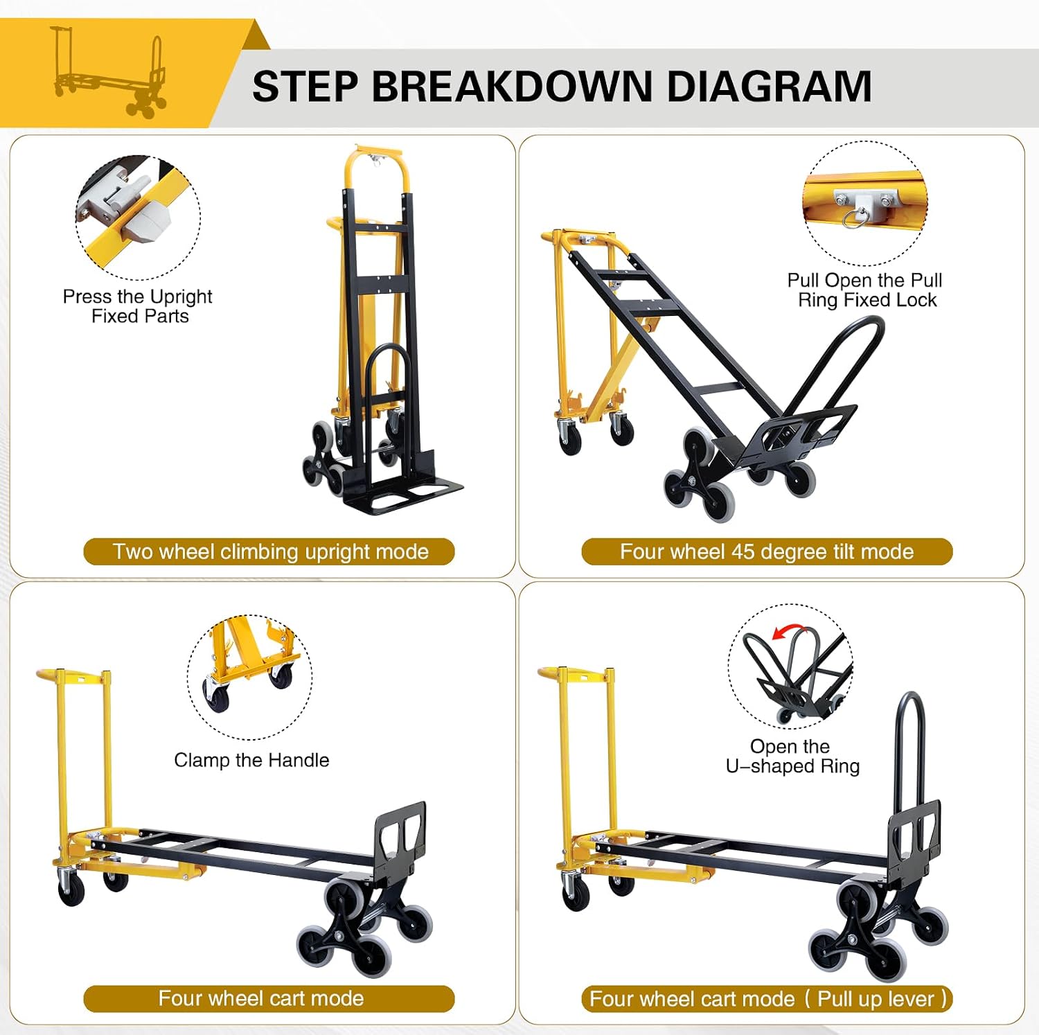 1000 LBS Industrial Convertible Hand Truck,3 in 1 Stair Climbing Dolly Cart,Stair Dolly Climber Heavy Duty with Solid Wheels for Moving,Transport in Warehouse,Office(Yellow)