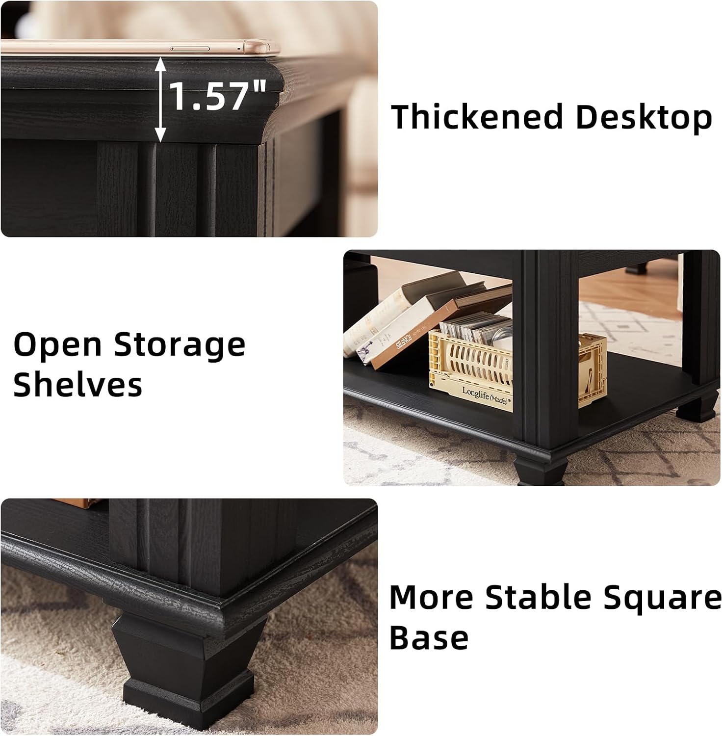 SAVOR LIFE Farmhouse Coffee Tables for Living Room,Square Tea Table with Open Storage Shelf,Large Coffee Table,Rustic Wooden Center Table,Black