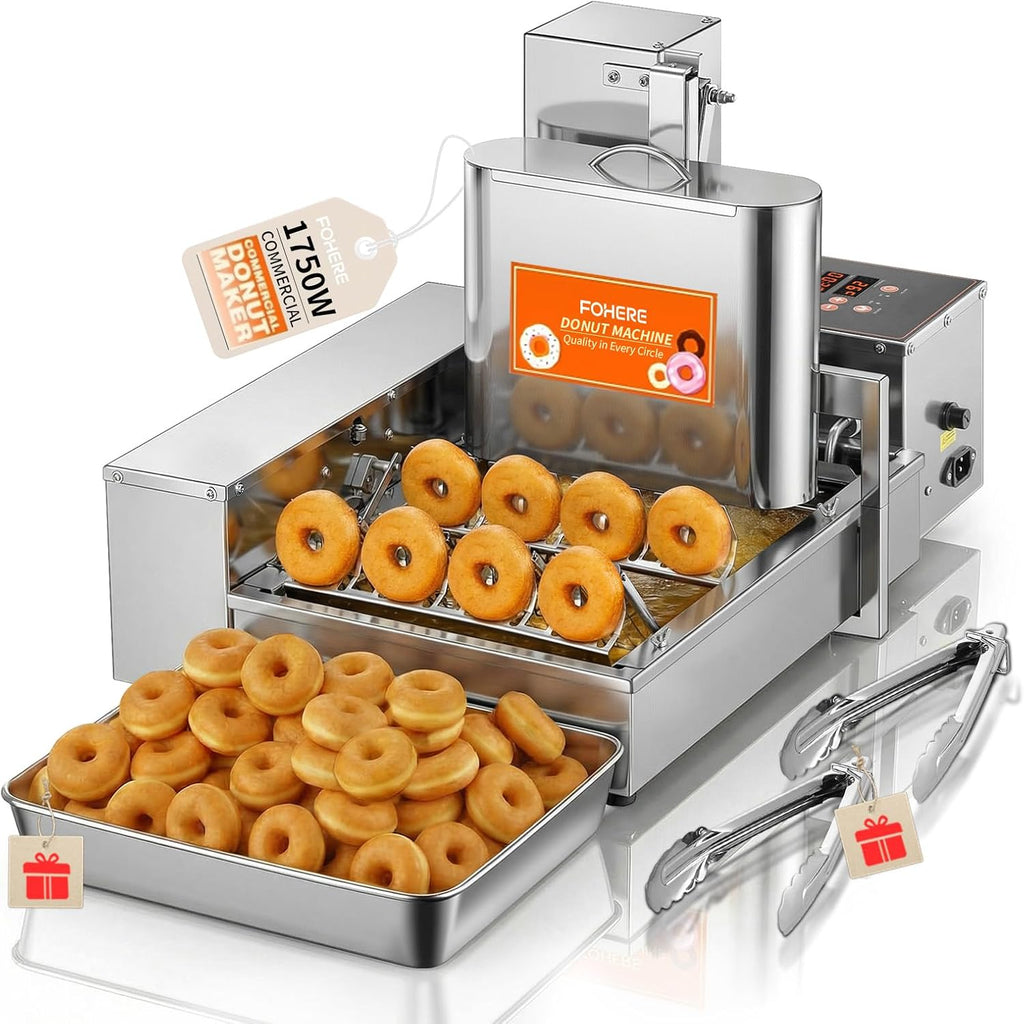 FOHERE Commercial Automatic Donut Maker Machine, 1750W 4-Row Mini Donut Fryer, 3L Hopper with Intelligent Control, 250PCS/H High Capacity, Stainless Steel for Bakeries, Cafes & Dessert Shops (Silver)