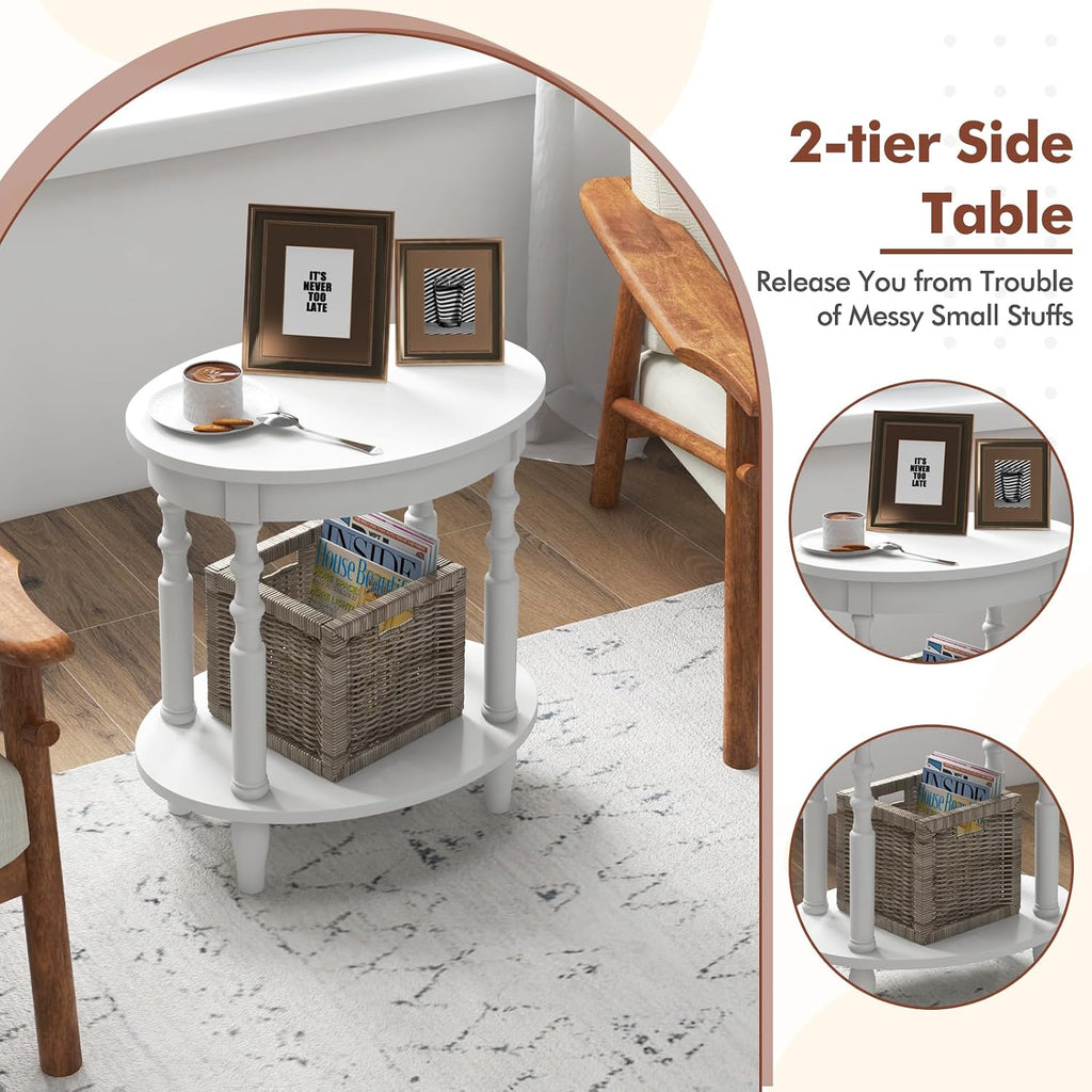 Giantex Oval End Tables Set of 2, 2-Tier Side Tables with Storage Shelf & Solid Wood Legs, Modern Living Room Accent Table, Wood Nightstand for Bedroom, Small Space, 20.5'L x 15.5'D x 24.5'H, White