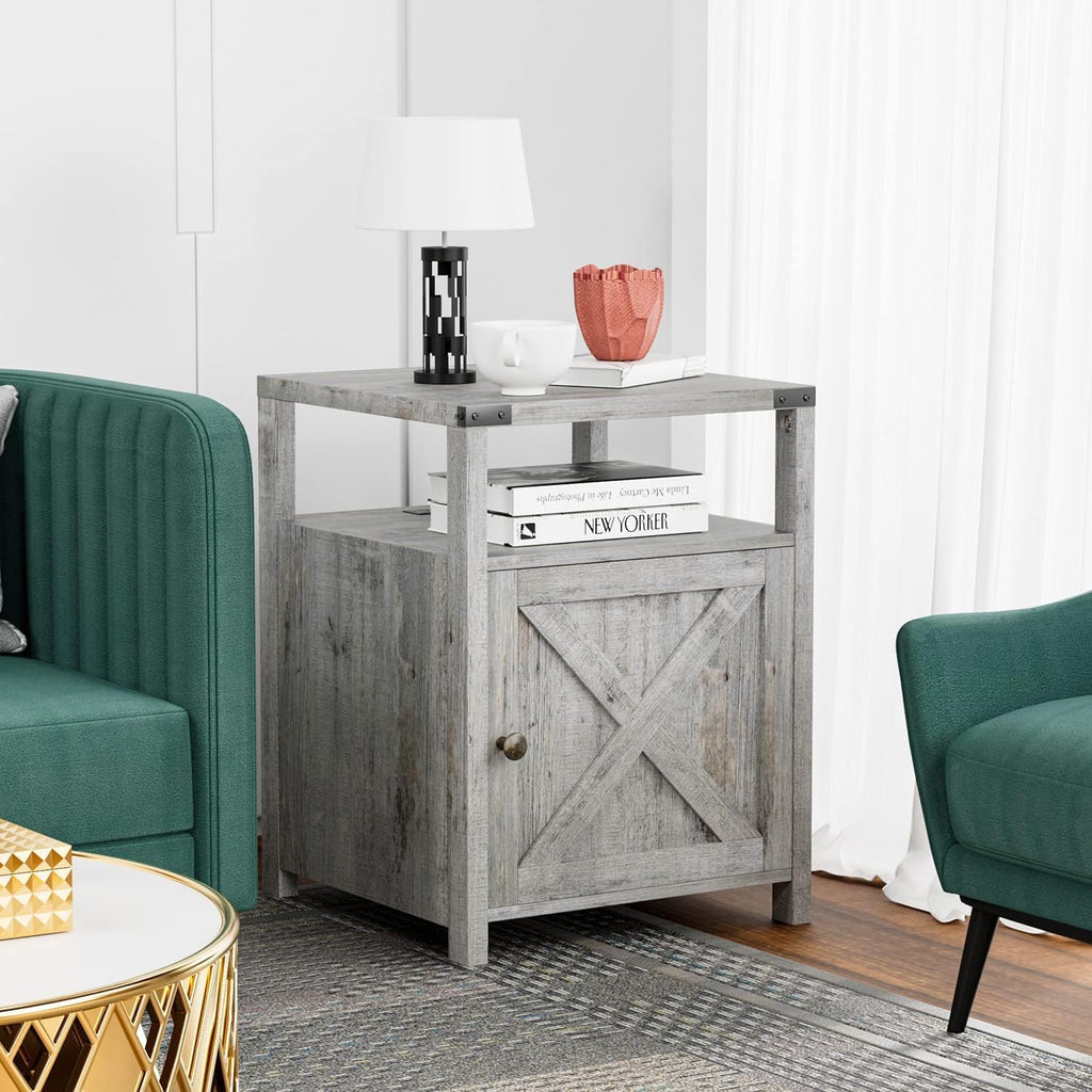 Farmhouse Nightstand Set of 2 with Charging Station, Rustic End Table Bedroom with Storage Living Room Side Table Grayish White Night Stand Industrial Bedside Table