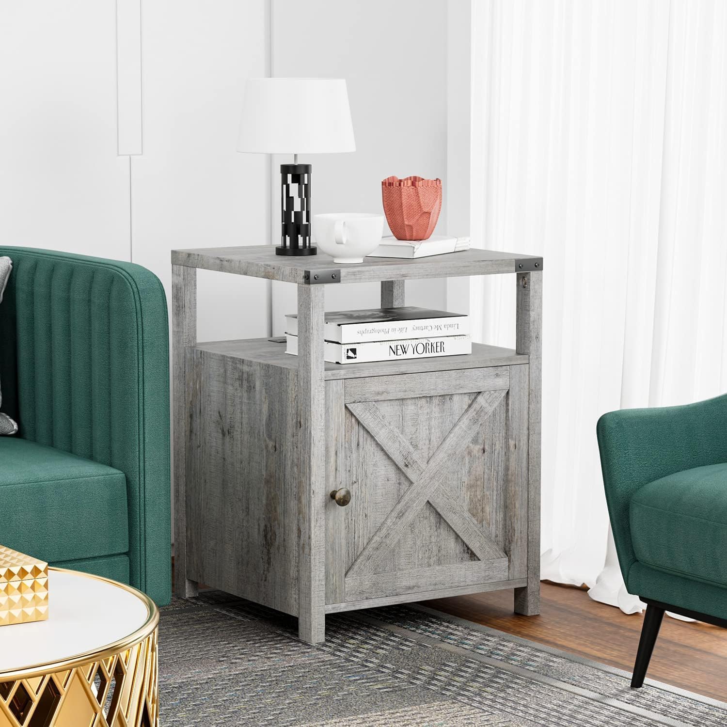 Farmhouse Nightstand Set of 2 with Charging Station, Rustic End Table Bedroom with Storage Living Room Side Table Grayish White Night Stand Industrial Bedside Table