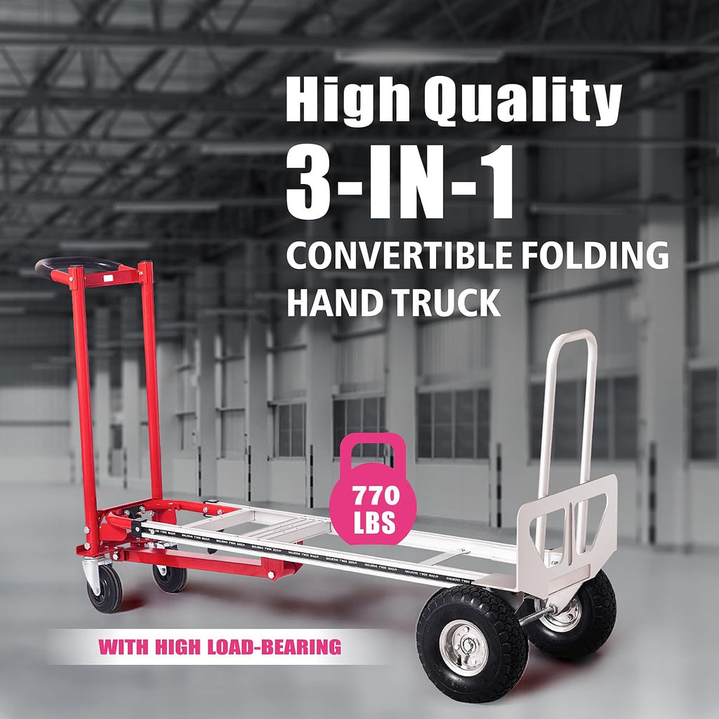 3-in-1 Folding Hand Truck, 770LBS Capacity Aluminum Alloy Dolly Cart with 4 Wheels, Convertible Dolly Portable Hand Truck for Moving, Warehouse, Delivery, Industrial Use