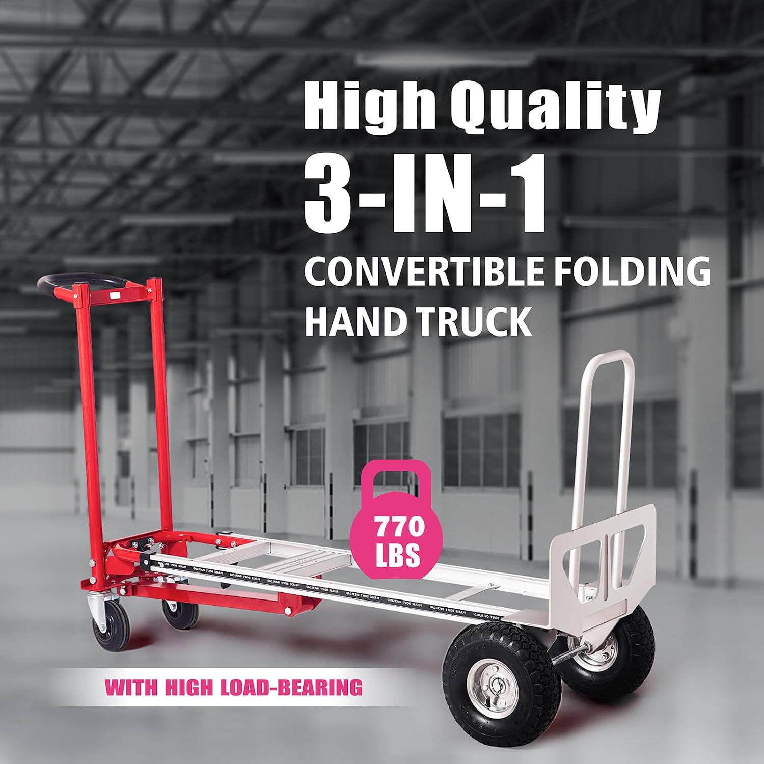 3-in-1 Folding Hand Truck, 770LBS Capacity Aluminum Alloy Dolly Cart with 4 Wheels, Convertible Dolly Portable Hand Truck for Moving, Warehouse, Delivery, Industrial Use