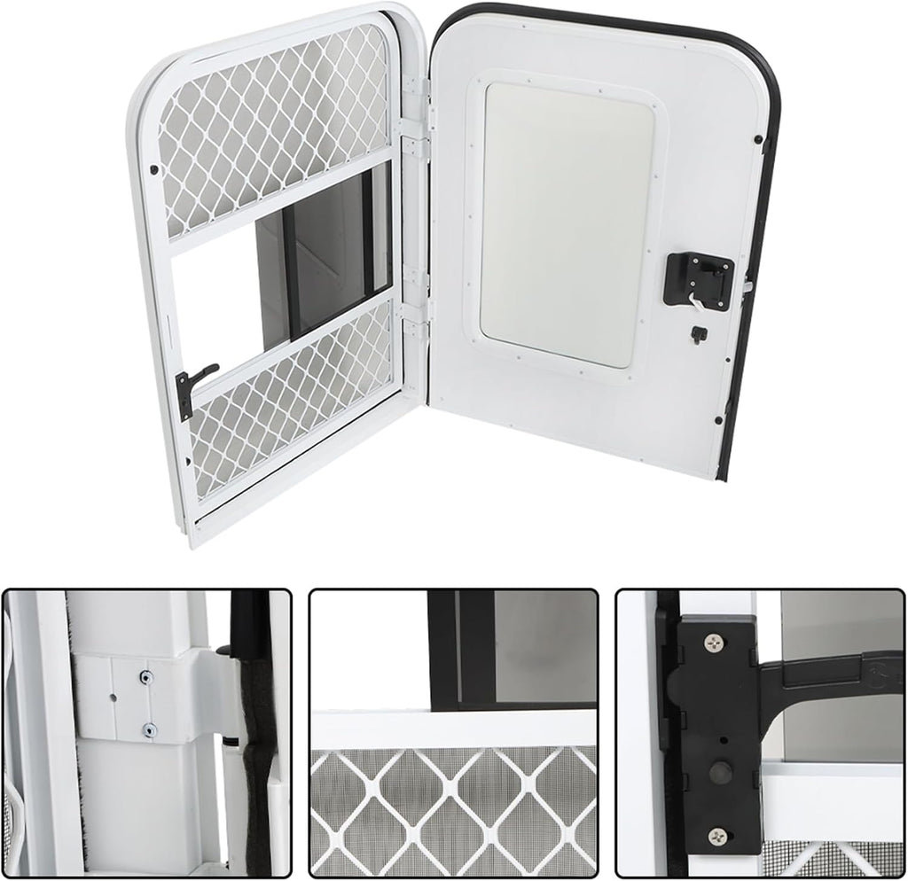 labwork Passenger RV Entry Door with Radius Corners on Top and Square Bottom with Screen Door and Window 26(W) × 36(H) White