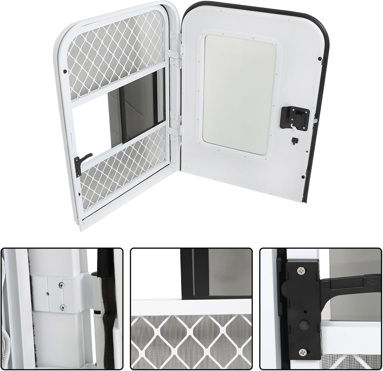 labwork Passenger RV Entry Door with Radius Corners on Top and Square Bottom with Screen Door and Window 26(W) × 36(H) White