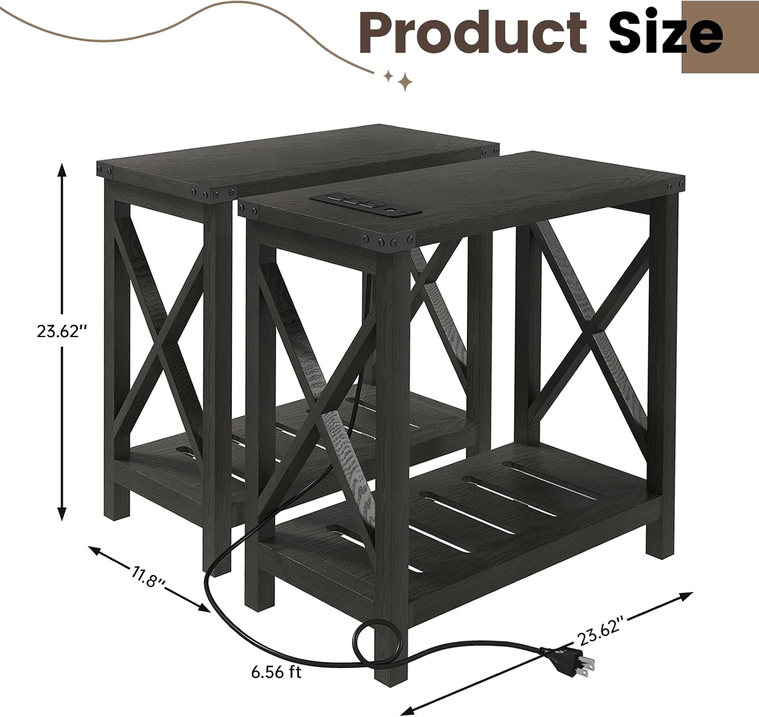Hadulcet Farmhouse End Tables Living Room Set of 2 - Narrow Side Table with Charging Station, Slim Nightstand for Small Space, Skinny Bedside Table, Sofa Side Table with Storage Shelf, Black
