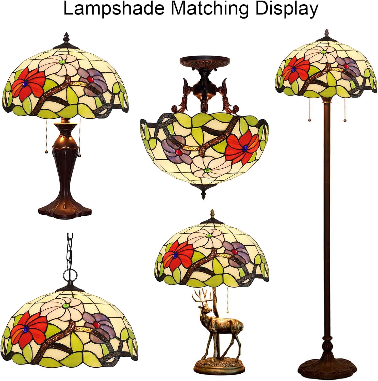 Tiffany Lamp Shade 16' Wide Accessories Replacement Only Red Pink Blue Flower Stained Glass Lampshades Vintage Morning Glory Light Cover for Table Lamp Pendant Light Floor Lamp Ceiling
