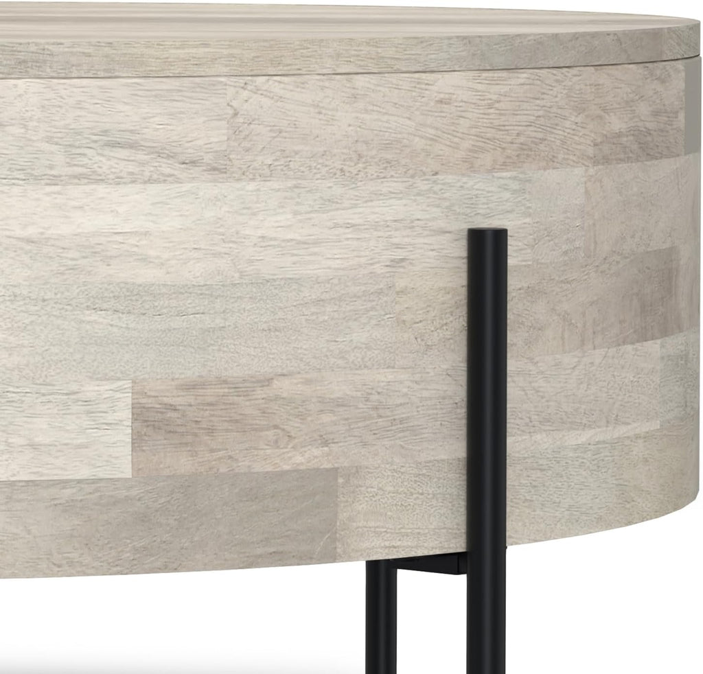 SIMPLIHOME Rayburn Drum Coffee Table - 38 inch Wide Solid Mango Wood Round Living Room Table in White Wash, Modern Urban Center Table for Family Room with Black Metal Legs and Large Surface