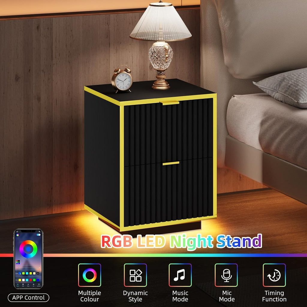 4ever2buy Black and Gold Nightstand Set of 2, Modern Bedside Table with LED Lights, End Table for Bedroom Living Room