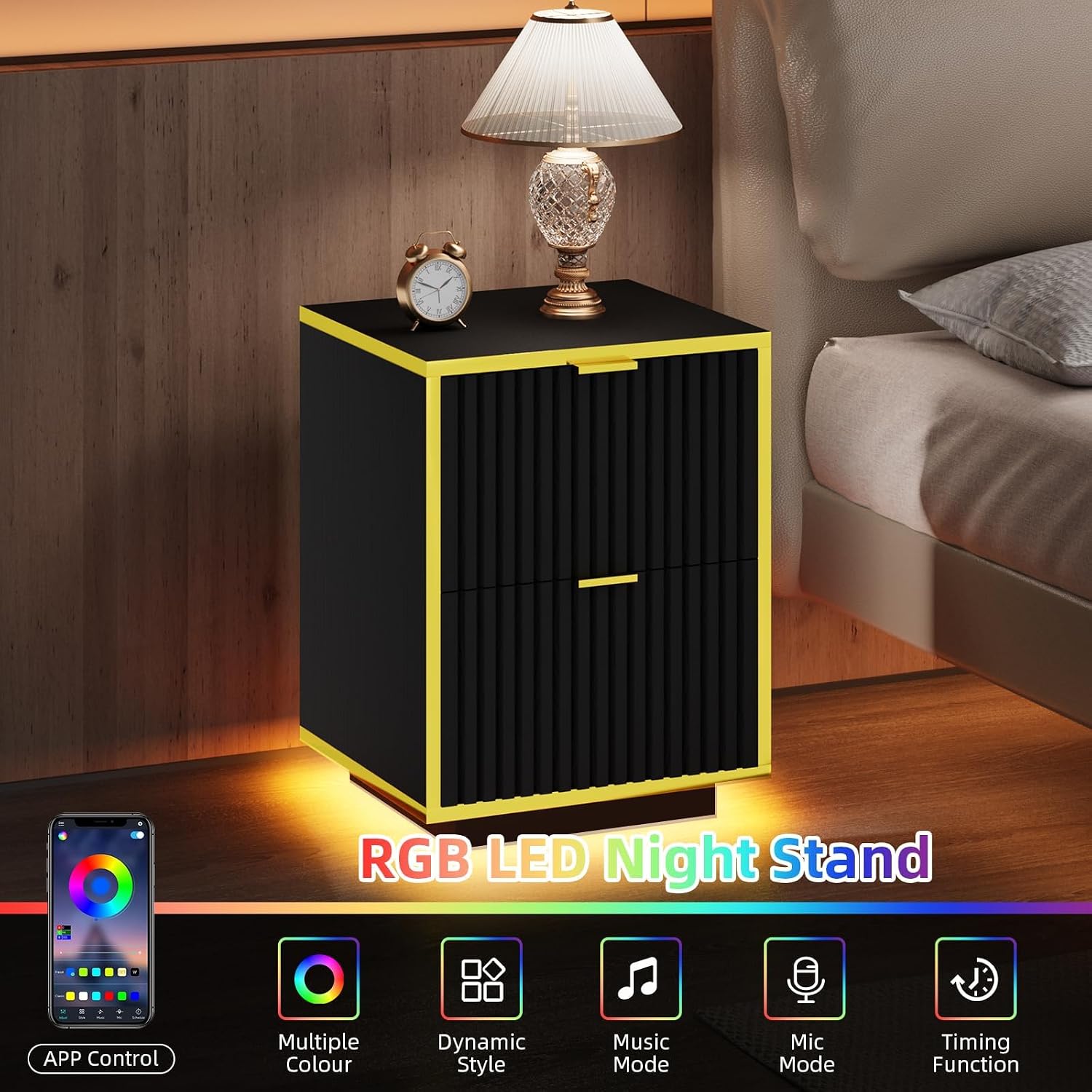 4ever2buy Black and Gold Nightstand Set of 2, Modern Bedside Table with LED Lights, End Table for Bedroom Living Room