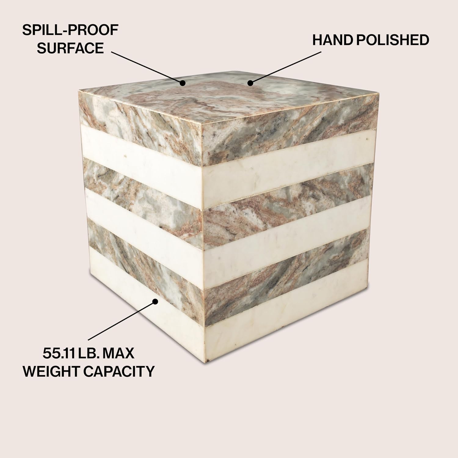 JONATHAN Y MTB1101C Felix 15.5' Contemporary Natural Marble Handmade Cube End Table, Side Table for Living Room, Bedroom, Bathroom, Beige/White/Gray