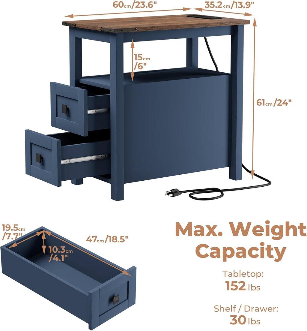 VVFLU Farmhouse End Table with Charging Station and 2 Storage Drawers, Blue Wood Nightstand Narrow, Skinny Side Table Rustic, Slim Bedside Table, Open Shelf, Small for Bedroom, Living Room, Sofa
