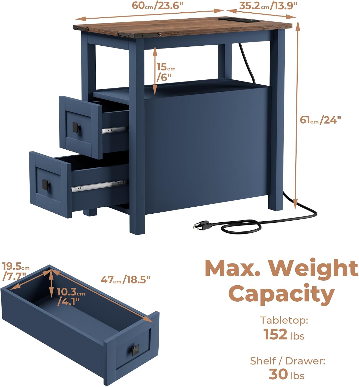 VVFLU Farmhouse End Table with Charging Station and 2 Storage Drawers, Blue Wood Nightstand Narrow, Skinny Side Table Rustic, Slim Bedside Table, Open Shelf, Small for Bedroom, Living Room, Sofa