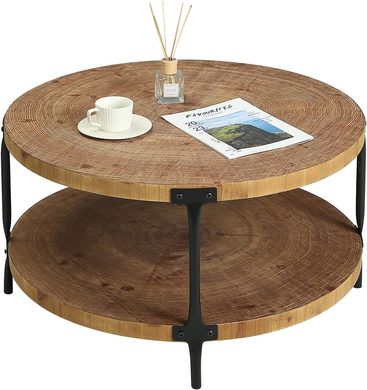Awescuti Round Boho Wood Coffee Table - 29.1' Farmhouse Natural Circle Wooden 2-Tier Coffee Tables Living Room Furniture, 29.1' D x 18.3' H, Natural Wood Color