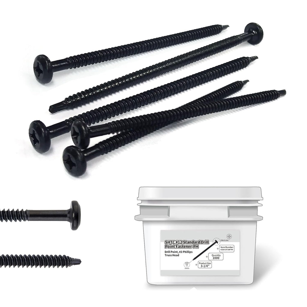 #12x3-1/4 Carbon Steel Roofing Screws - 1,000pc Phillips Truss Head Self Drilling Metal Screws for Sheet Metal Tools and Insulation Fastening