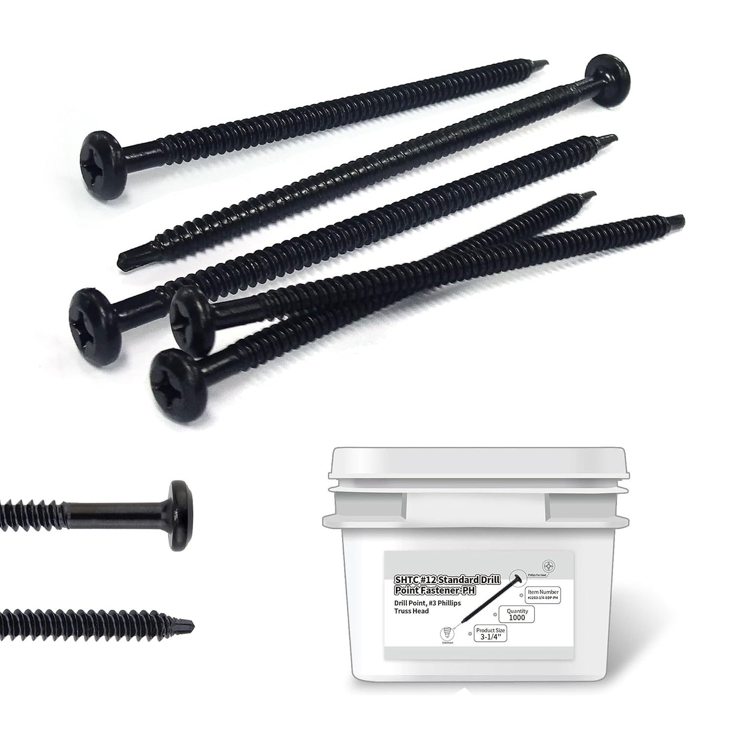 #12x3-1/4 Carbon Steel Roofing Screws - 1,000pc Phillips Truss Head Self Drilling Metal Screws for Sheet Metal Tools and Insulation Fastening
