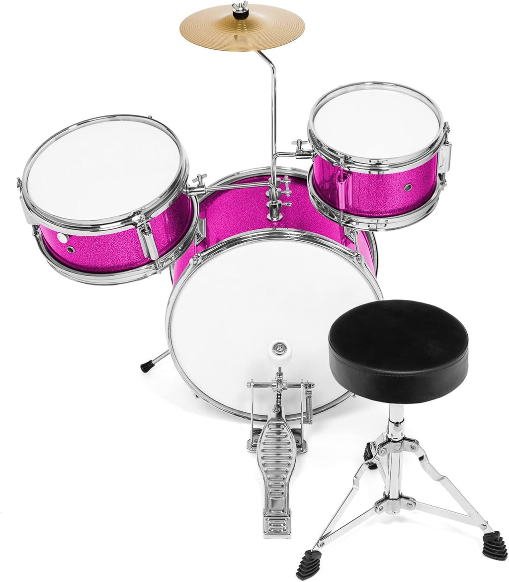Ashthorpe 3-Piece Complete Drum Set - Beginner Kit with 14' Bass, Adjustable Throne, Cymbal, Pedal & Drumsticks - Pink