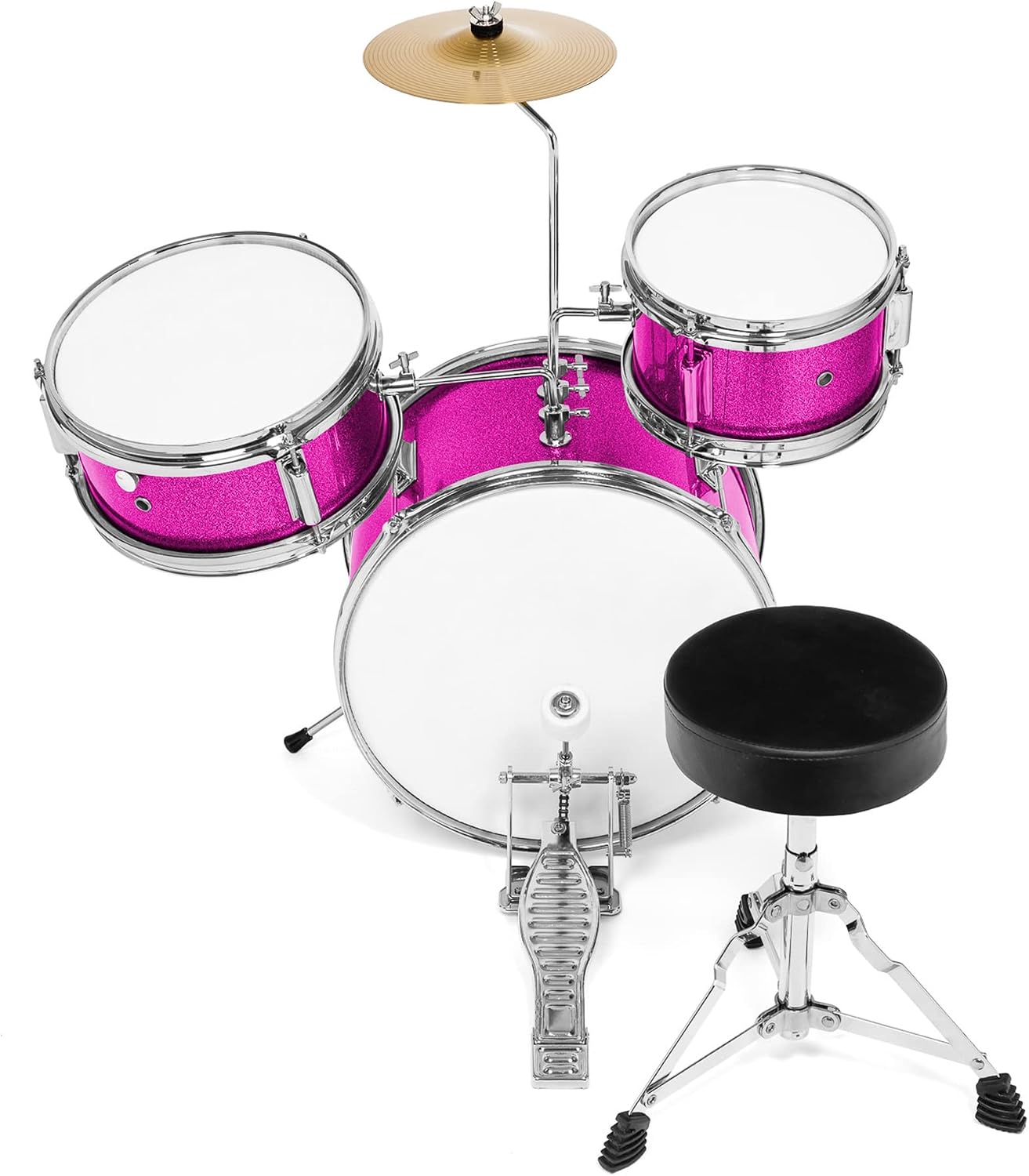 Ashthorpe 3-Piece Complete Drum Set - Beginner Kit with 14' Bass, Adjustable Throne, Cymbal, Pedal & Drumsticks - Pink