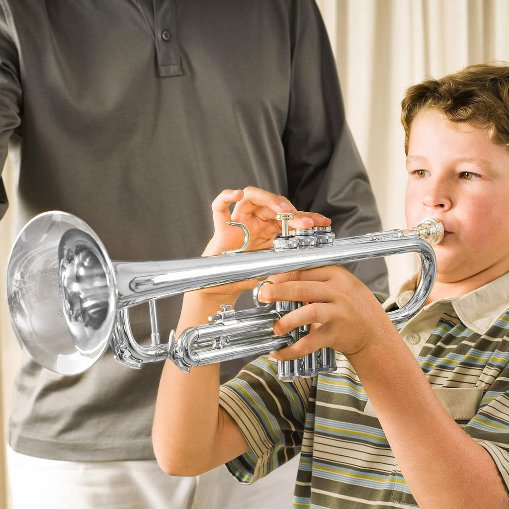 Vangoa Trumpet Bb Standard Student for School Band Brass Orchestra Adult Kid Beginner with Stand, Hard Case, Cleaning Kit, Gloves and 7C Mouthpiece, Silver