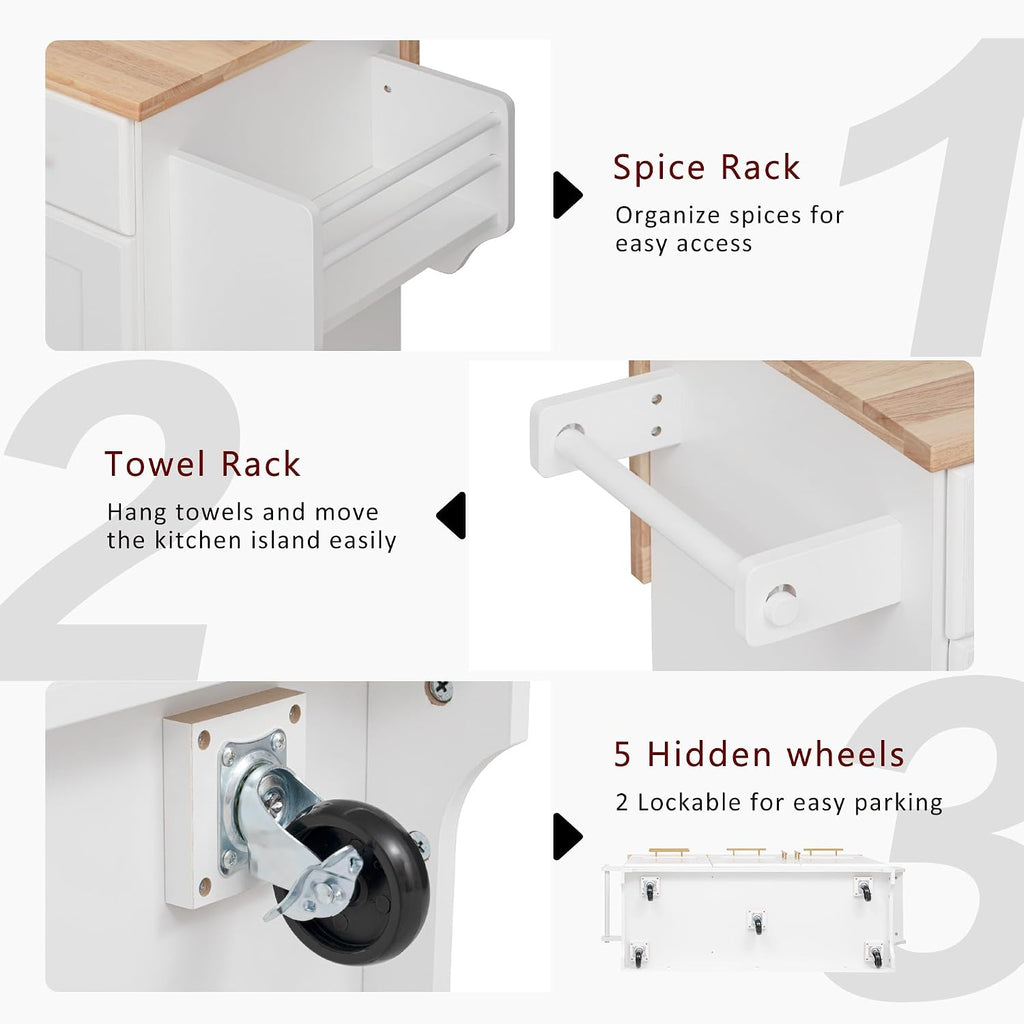 Kitchen Island Cart with Solid Wood Top, Mobile Carts with Storage Cabinet, Rolling Kitchen Table with Trash Can Storage, Power Outlet, Spice & Towel Rack, Portable Islands on Wheels, White