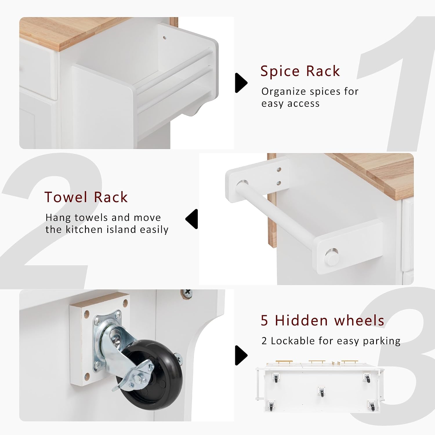 Kitchen Island Cart with Solid Wood Top, Mobile Carts with Storage Cabinet, Rolling Kitchen Table with Trash Can Storage, Power Outlet, Spice & Towel Rack, Portable Islands on Wheels, White