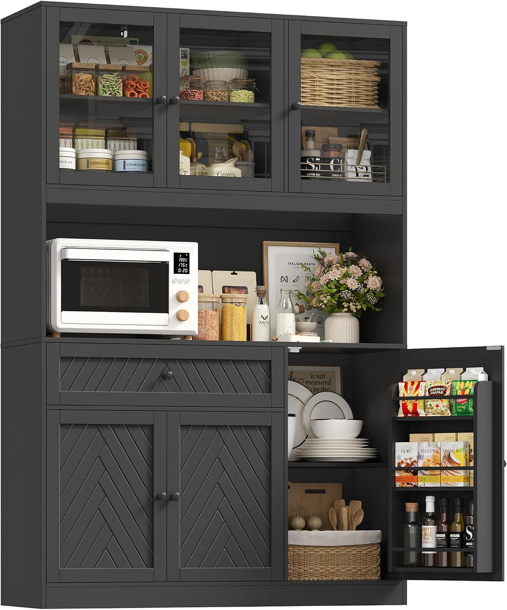 BOTLOG 72' Tall Kitchen Pantry Storage Cabinet, Modern White Kitchen Hutch with Large Storage Drawer, Countertop, Adjustable Shelves, Food Pantry Cabinets for Dining Room, Living Room (Black)