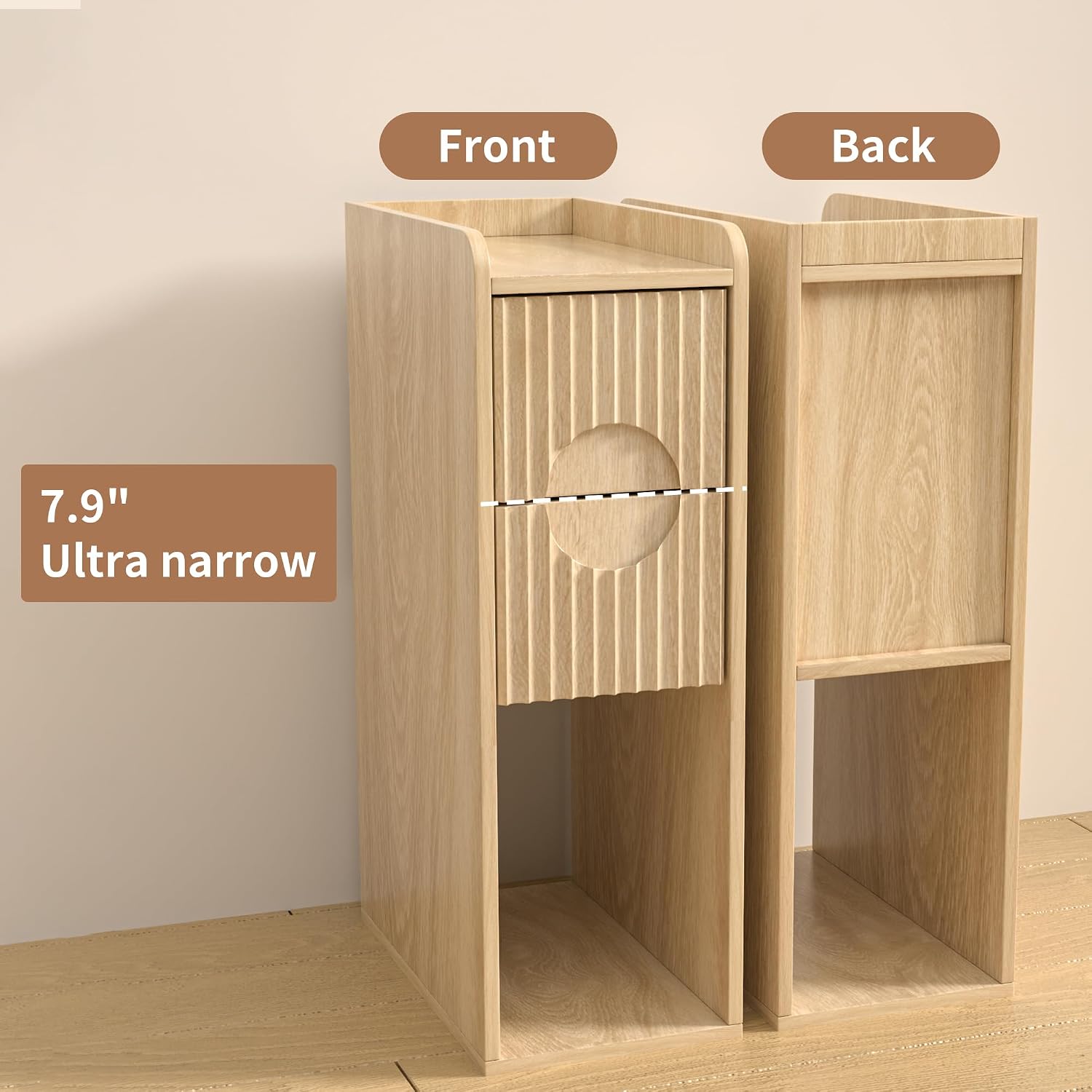 Small Fluted Nightstand Set of 2, Wood 2 Drawer Narrow Nightstand, Slim Side Table, Modern Boho End Bedside Table, Natural Wood Night Stand with Drawers for Bedroom, Living Room, Natural