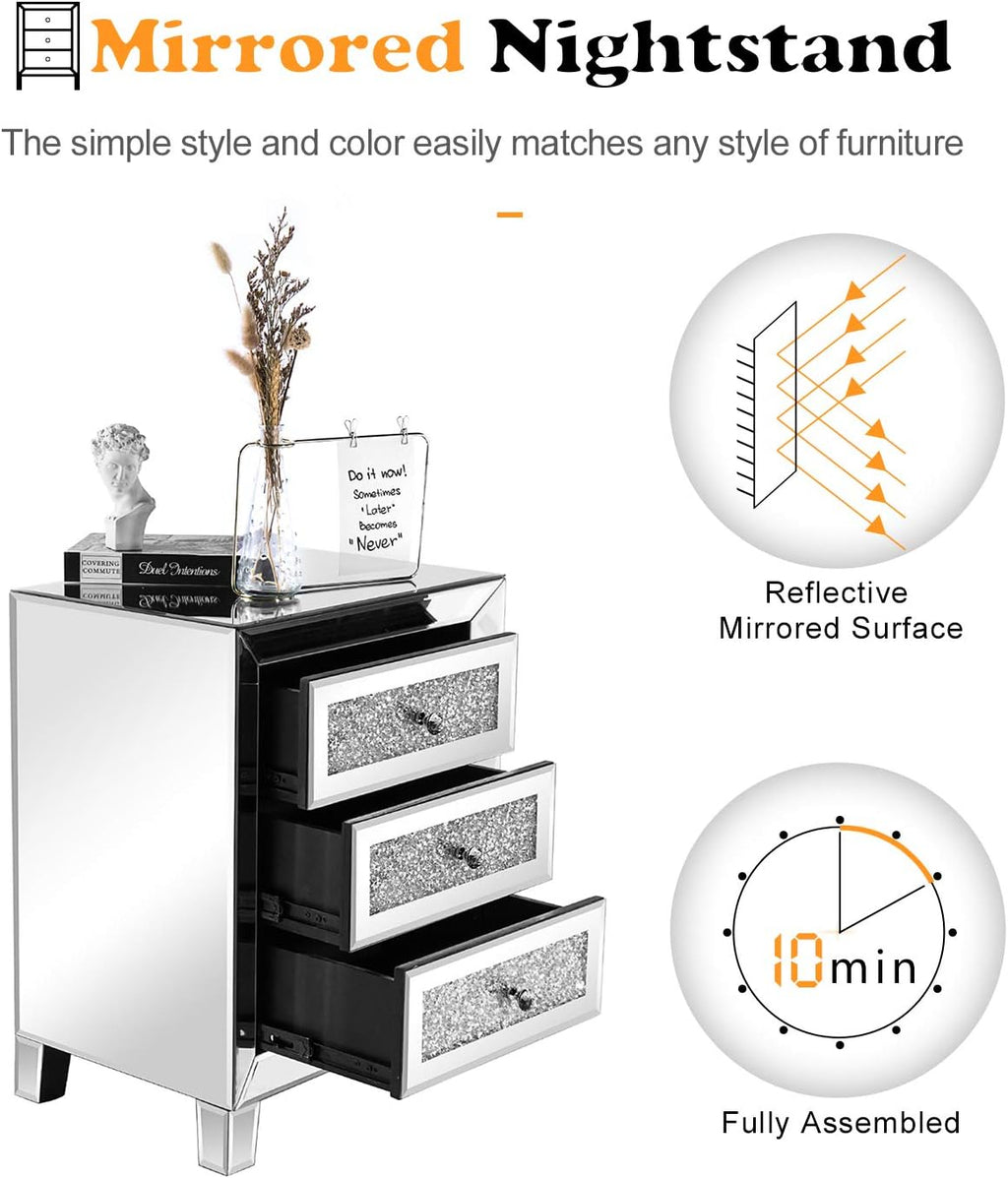 VINGLI Mirrored Nightstand Set of 2, Mirrored Side/End Table for Living Room, Glass Silver Nightstand, Crushed Glass Mirror Night Stand, Contemporary Night Table Mirror Bedroom Furniture Set