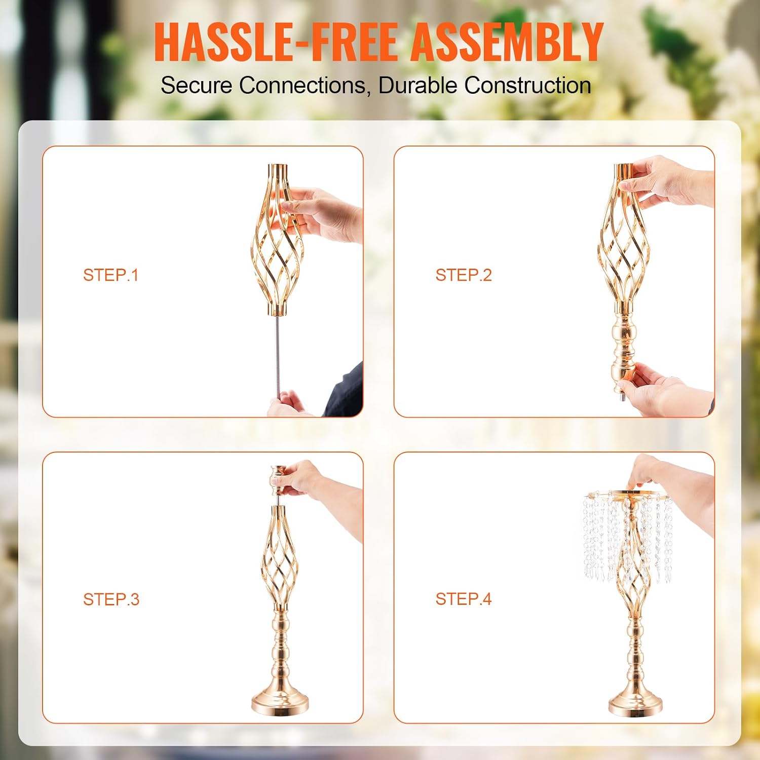 VEVOR Metal Wedding Centerpiece Gold,Crystal,2PCS 55cm/21.65'