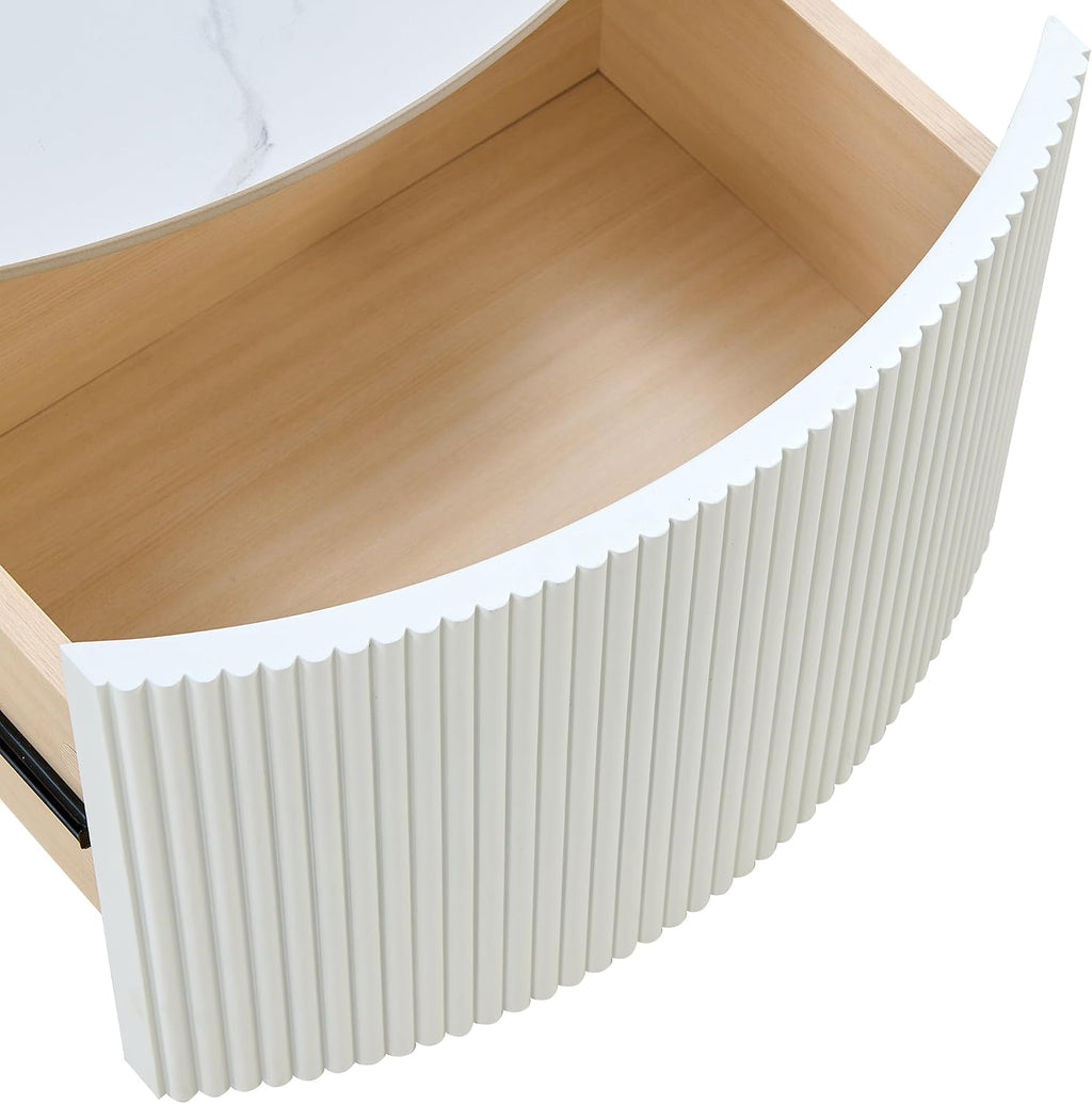 Merax 29.5' Round Fluted Coffee Table for Living Room, Movable Accent Table with Casters and 2 Storage Drawers, Marble Pattern Sintered Stone Top, White