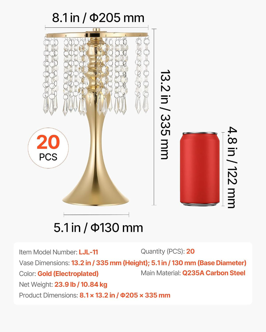 VEVOR 20 PCS Wedding Flower Vase, 13.4 in Tall Flower Table Centerpieces, Crystal Banquet Vases Easy Installation, Electroplated Finish, Versatile Arrangement Stand for Party Events Home Decor, Gold