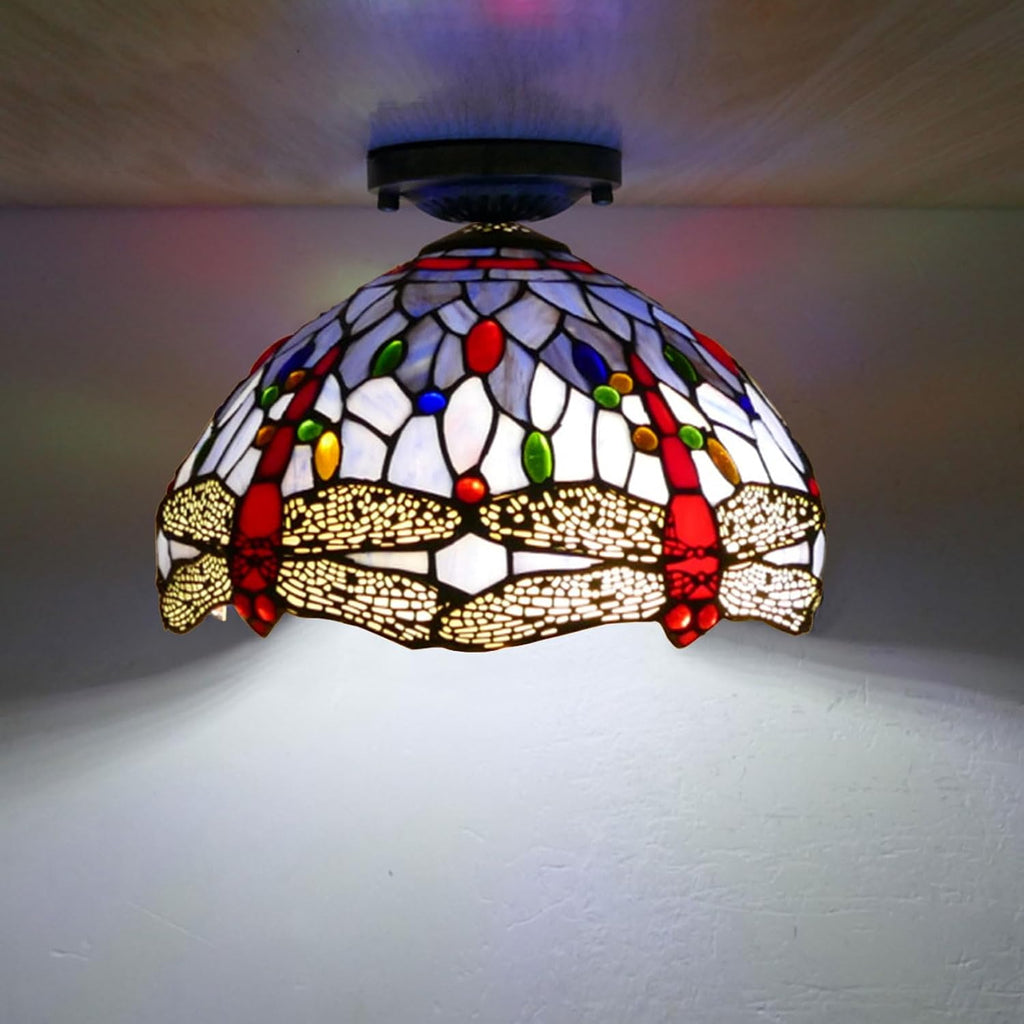 12 Inch Dragonfly Stained Glass Lamp Shade, Tiffany Style Lampshades Replacement, Handmade Vintage Lamp Cover Accessories Only for Table lamp Pendant Light Ceiling Fixture,Purple