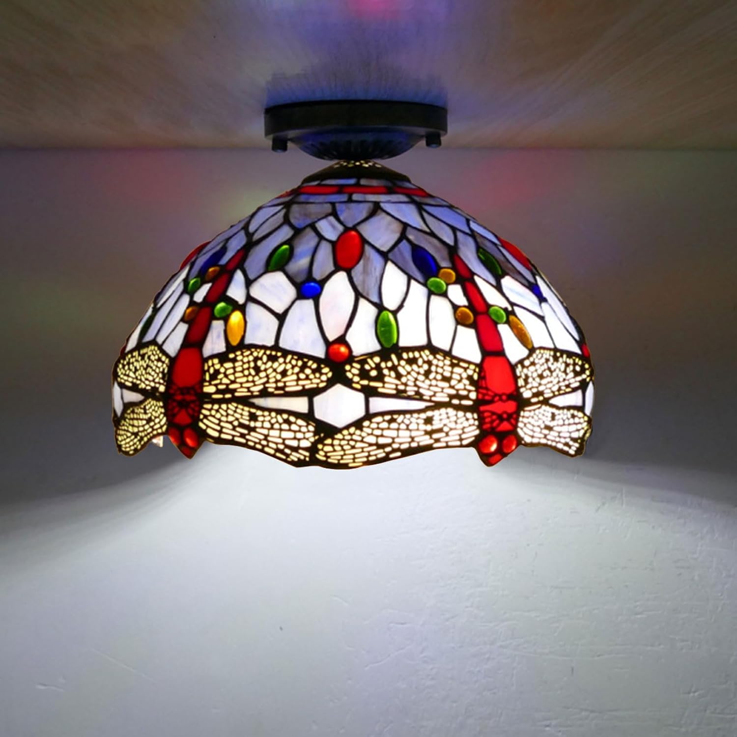 12 Inch Dragonfly Stained Glass Lamp Shade, Tiffany Style Lampshades Replacement, Handmade Vintage Lamp Cover Accessories Only for Table lamp Pendant Light Ceiling Fixture,Purple