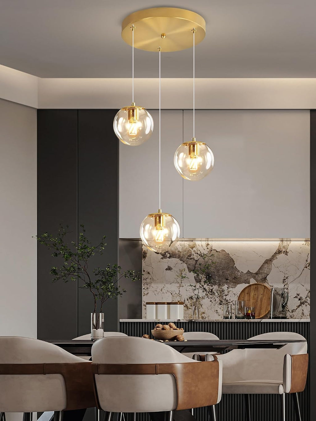 ykolupty 3-Light Modern Gold Pendant Light Hanging Fixture Light for Kitchen Island Mid Century Globe Pendant Light Glass Chandelier for Living Room Bedroom Entryway