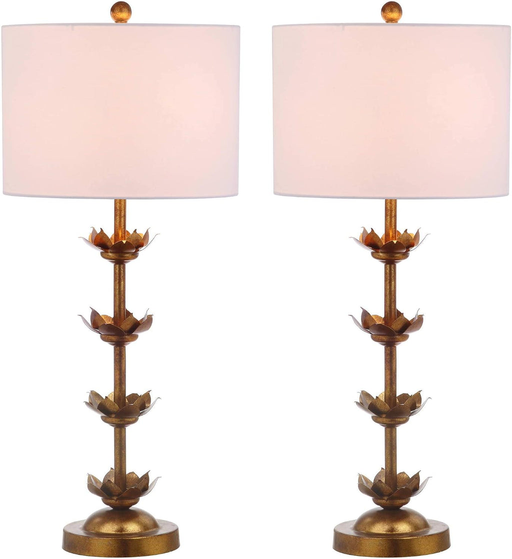 SAFAVIEH Lighting Collection – Set of 2 Lani Antique Gold Leaf 32-Inch Table Lamps, White Drum Shade, LED Bulbs Included, Bedroom Living Room Home Office (TBL4016A-SET2)