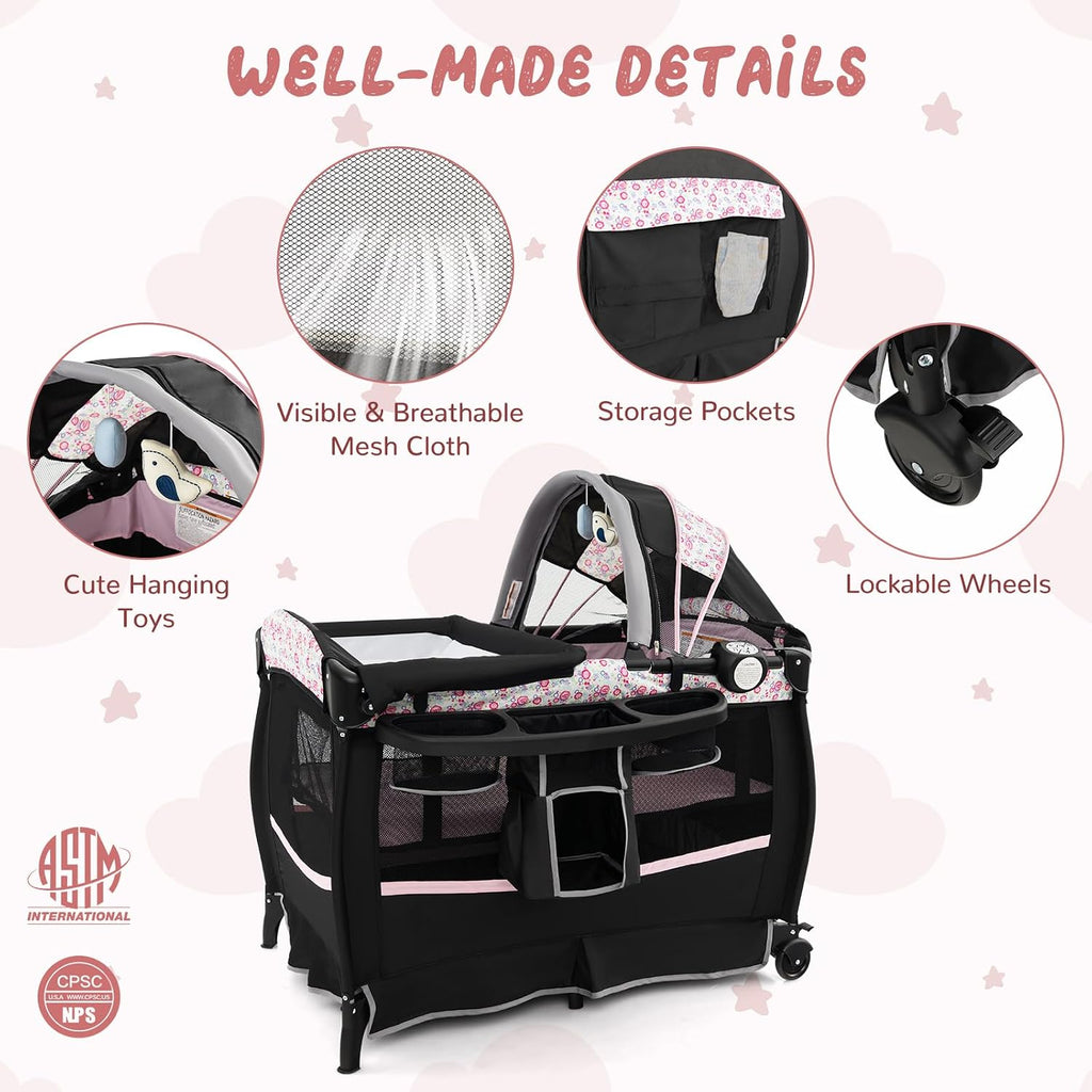 HONEY JOY Pack and Play, 4 in 1 Portable Baby Crib Playpen w/Bassinet, Changing Table, Canopy, Mattress, Music Box, Storage Bag, Foldable Pack and Play for Infant Boys Girls