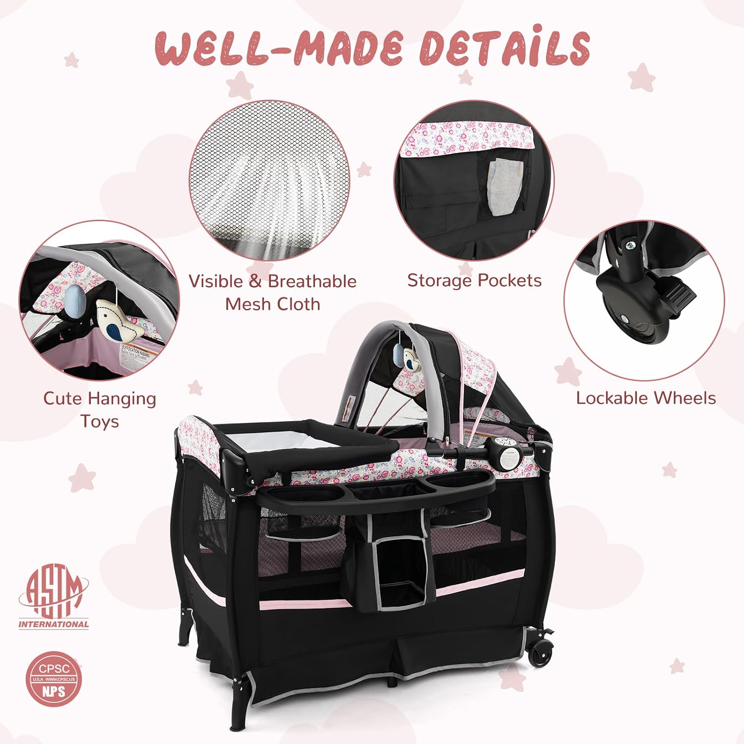 HONEY JOY Pack and Play, 4 in 1 Portable Baby Crib Playpen w/Bassinet, Changing Table, Canopy, Mattress, Music Box, Storage Bag, Foldable Pack and Play for Infant Boys Girls