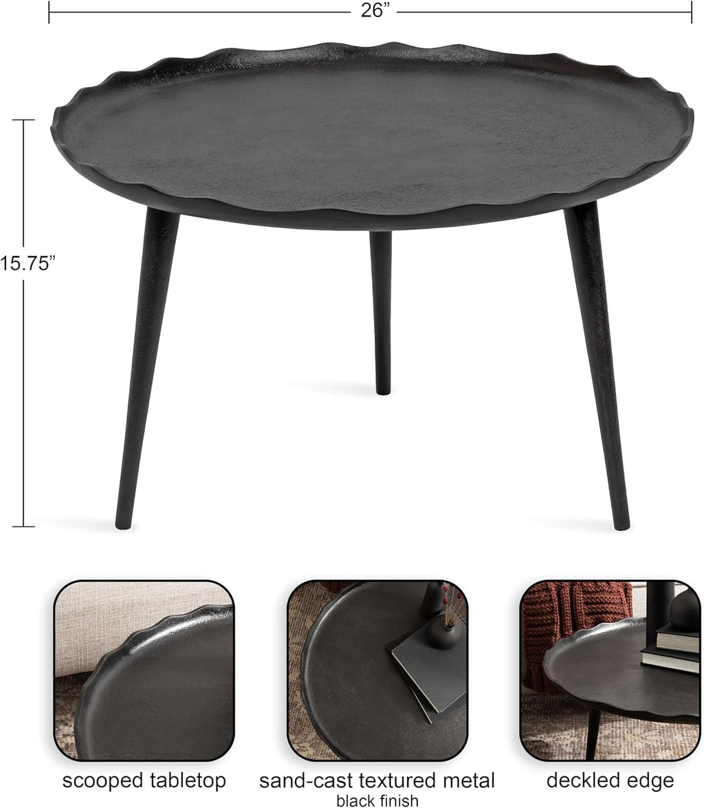 Kate and Laurel Alessia Modern Round Metal Coffee Table; 26 x 26 x 16; Black; Sand Cast Aluminum Coffee Table with Raised Deckled Edge for Storage and Display