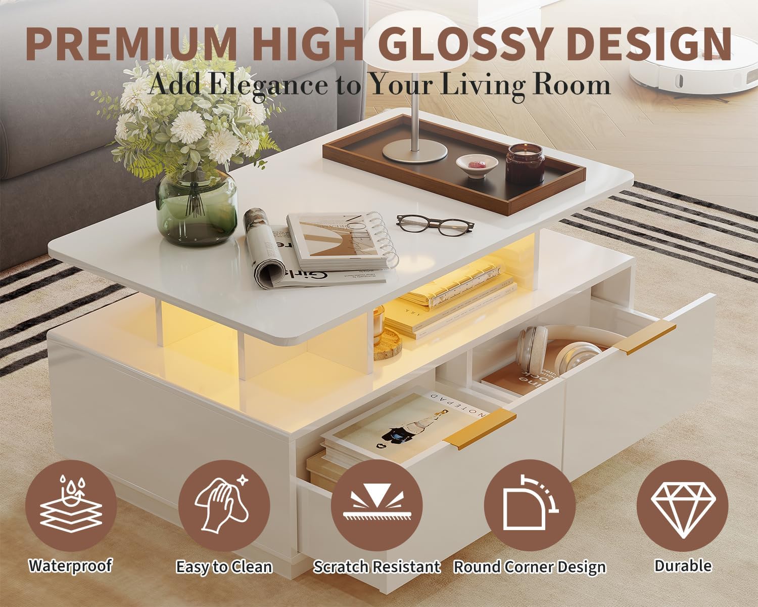 GarveeHome High Gloss LED Coffee Table,35' Modern High Glossy Wood CocktailCoffee Tables with Storage,2-Tier Living Room Table Center Tables with 4 Drawers&Open Shelf,Sofa Table for Home/Office(White