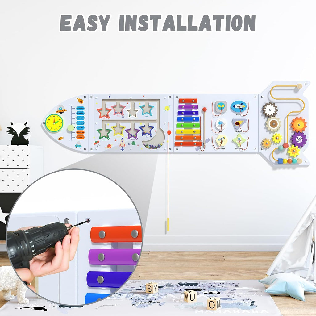 Spacocld Montessori Busy Board - White Rocket Activity Wall Panels, Wall Toys for Toddlers 3+, Sensory Panels for Kids, Wooden Activity Cubes, Playroom Daycare Toys, Toddler Sensory Board (4PCS)