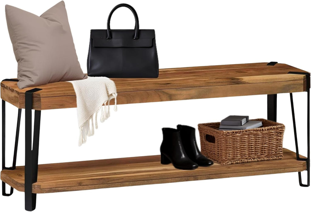 Ryegate 48-Inch Live Edge Acacia Wood & Metal Entryway Bench with Bottom Shelf – 2-Tier Rustic Industrial Wood Bench for Dining Room, Living Room, or Bedroom by Alaterre Furniture