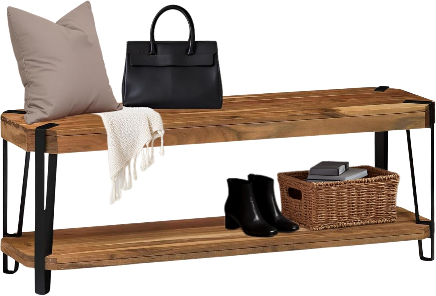 Ryegate 48-Inch Live Edge Acacia Wood & Metal Entryway Bench with Bottom Shelf – 2-Tier Rustic Industrial Wood Bench for Dining Room, Living Room, or Bedroom by Alaterre Furniture