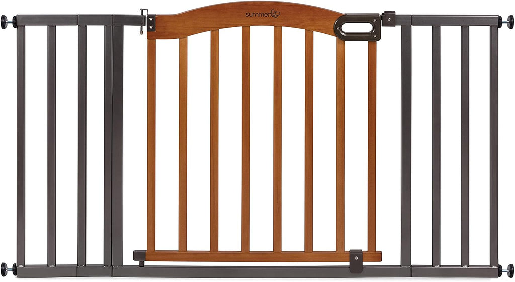 Summer Infant Anywhere Decorative Walk-Thru Pet and Baby Gate, 28' - 42.5' Wide, 30' Tall, Pressure Mounted, Insall In-between Rooms and Doorways, Walnut Wood with Metal Charcoal Accents