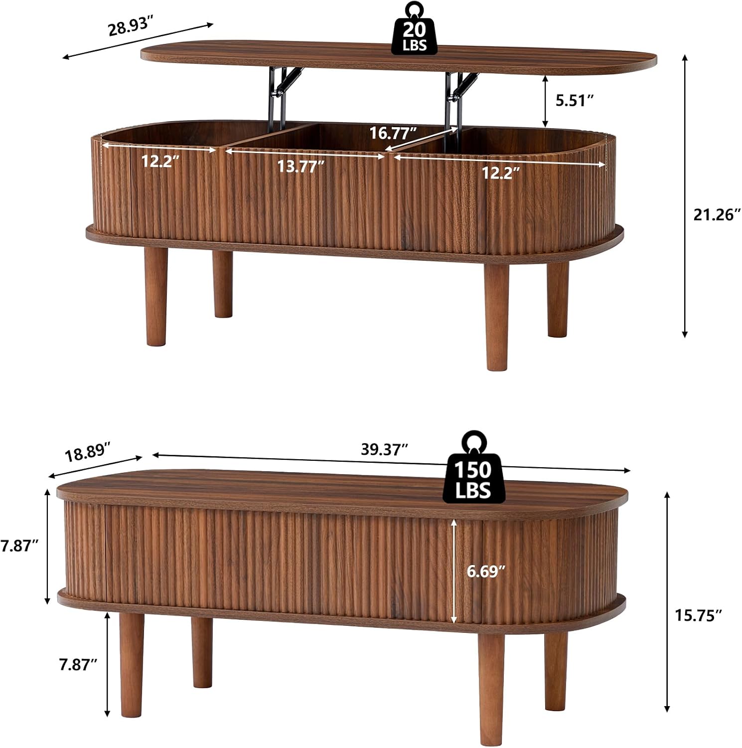 Fully Assembled Fluted Lift Top Coffee Table with Hidden Compartment, Wooden Center Table, Modern Oval Lift Tabletop for Home Living Room Office, Walnut