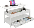 Panana Coffee Table, Lift Top Coffee Table with Hidden Compartment, 2 Drawers and 1 Open Shelf, Retro Central Wooden Table Lift Tabletop for Living Room (White)